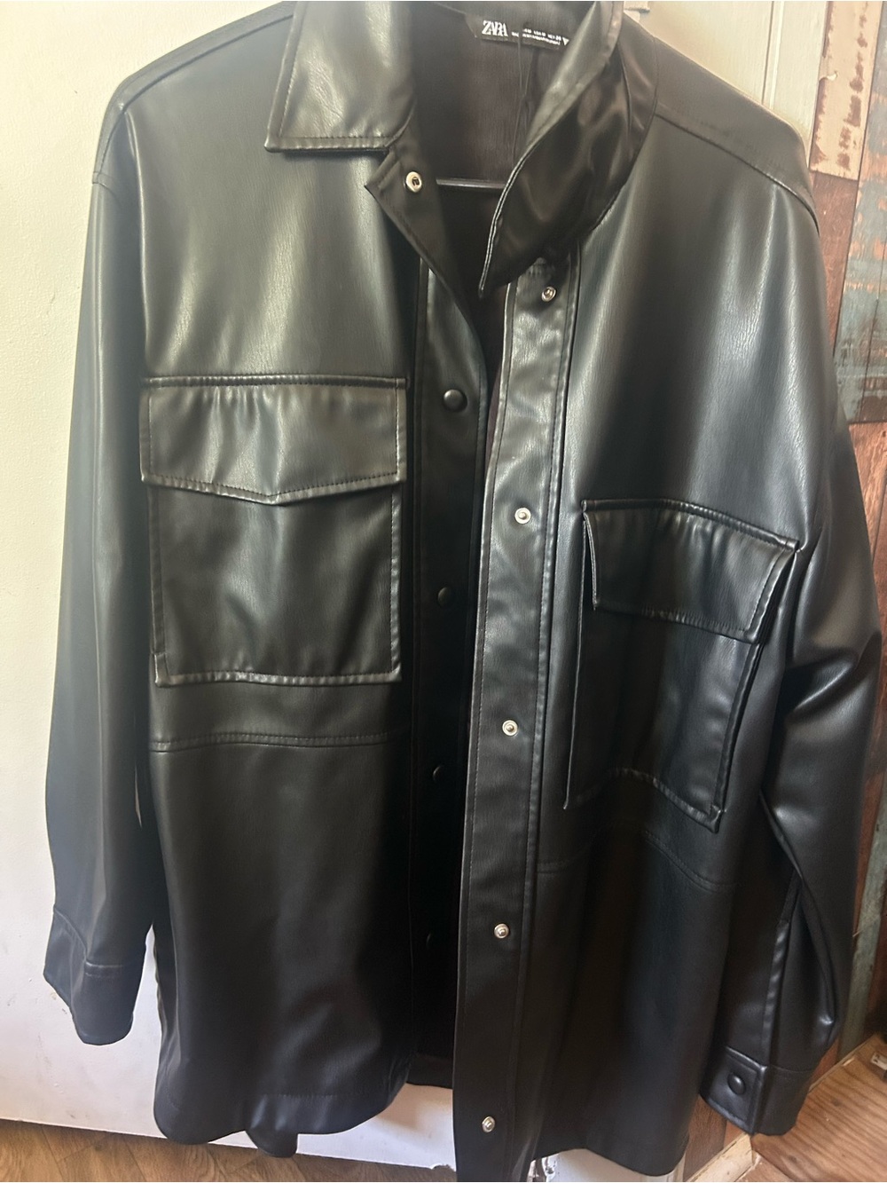 ZARA Black Faux Leather Shirt Jacket